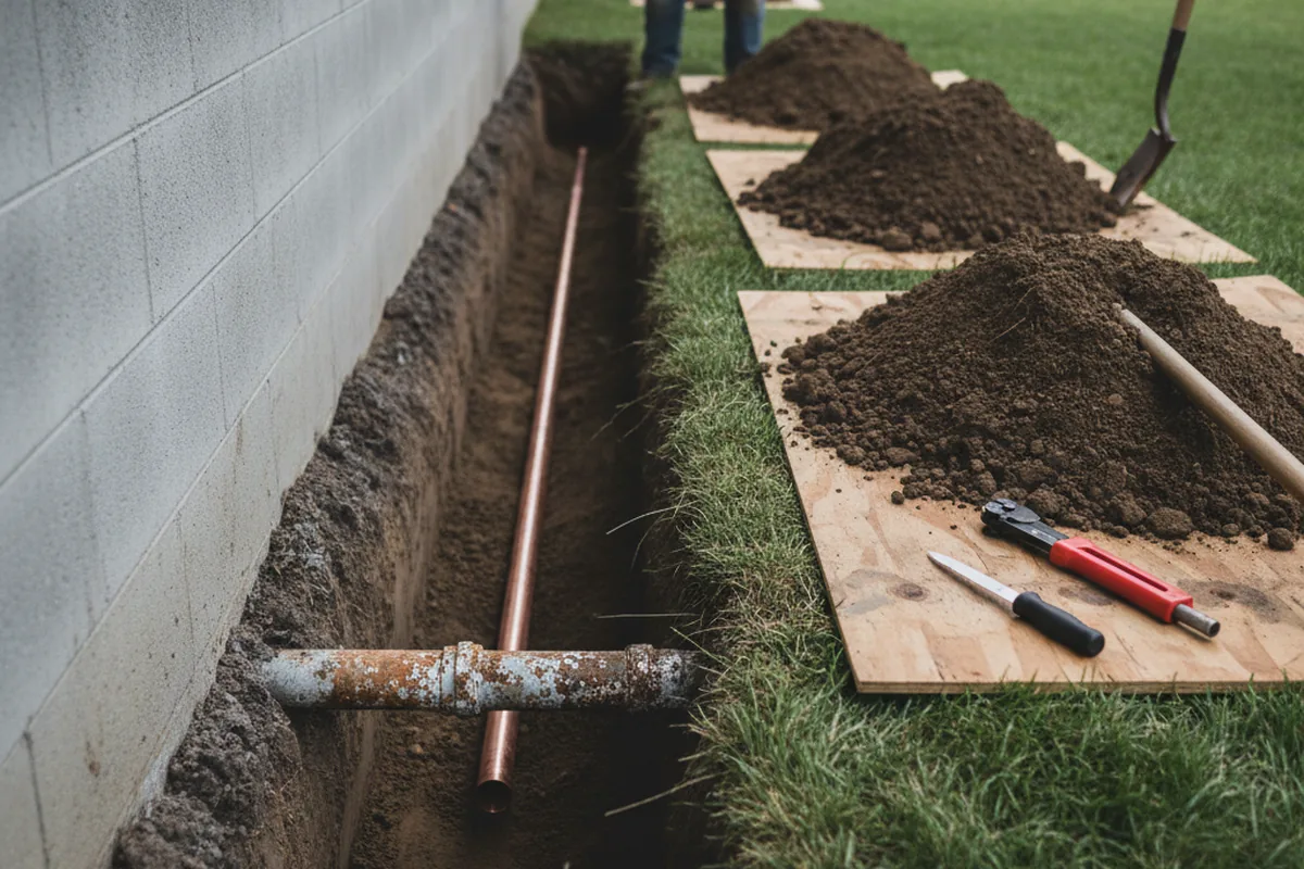 Excavated water line trench during Water Heater Repair in Mapleville